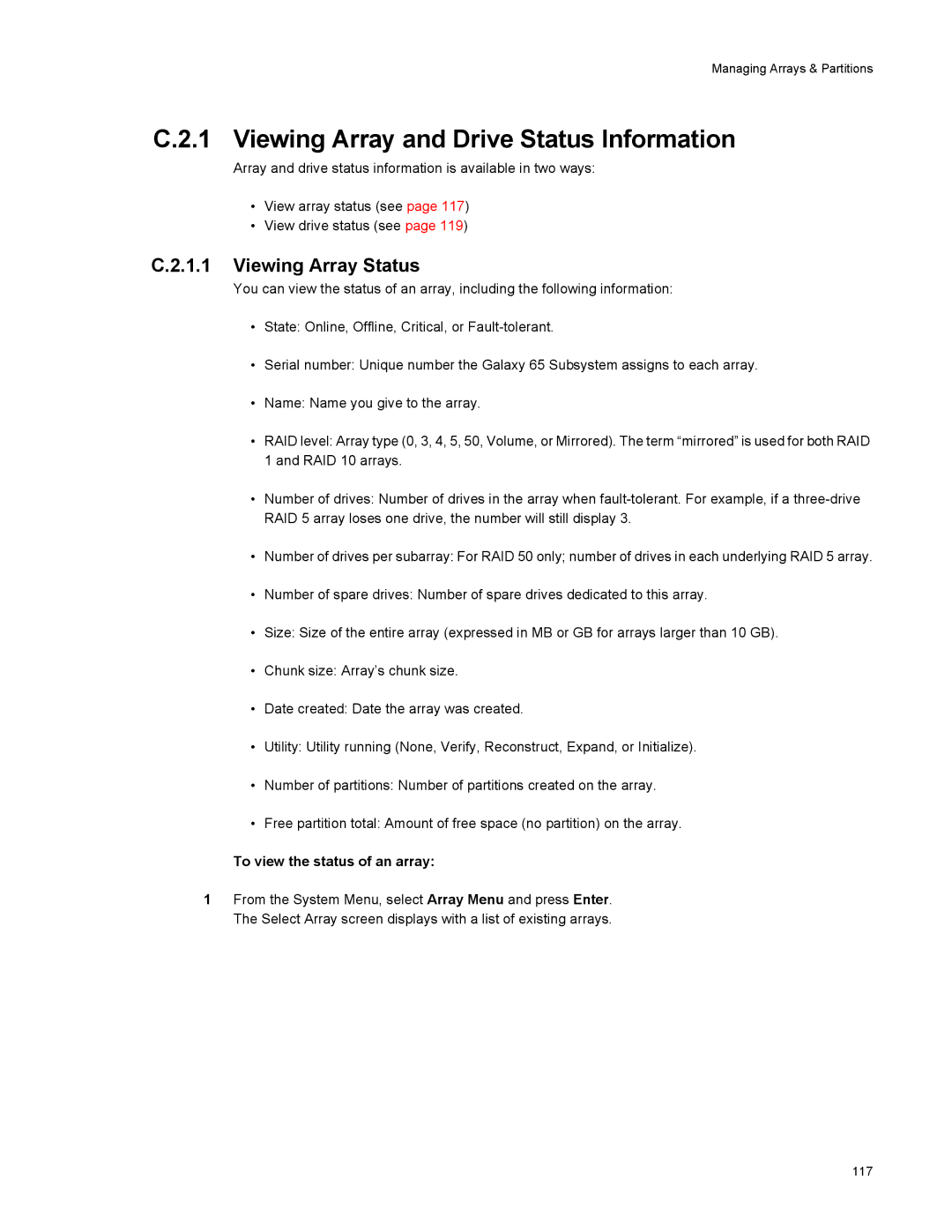 Galaxy Metal Gear 65 Viewing Array and Drive Status Information, Viewing Array Status, To view the status of an array 