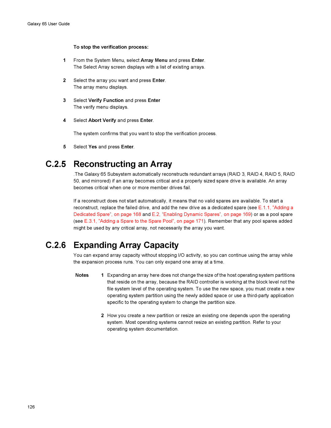 Galaxy Metal Gear 65 manual Reconstructing an Array, Expanding Array Capacity, To stop the verification process 