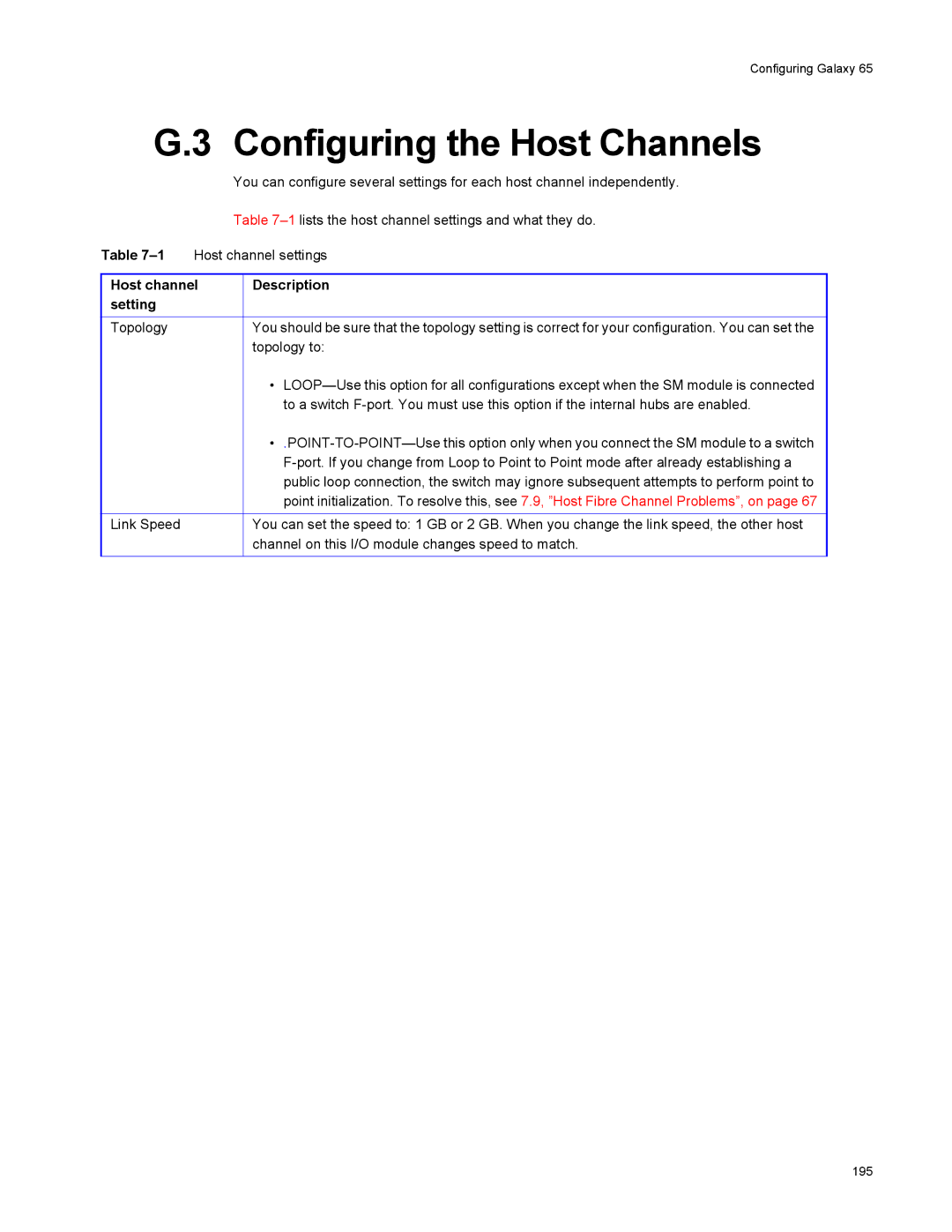 Galaxy Metal Gear 65 manual Configuring the Host Channels, Host channel Description Setting 