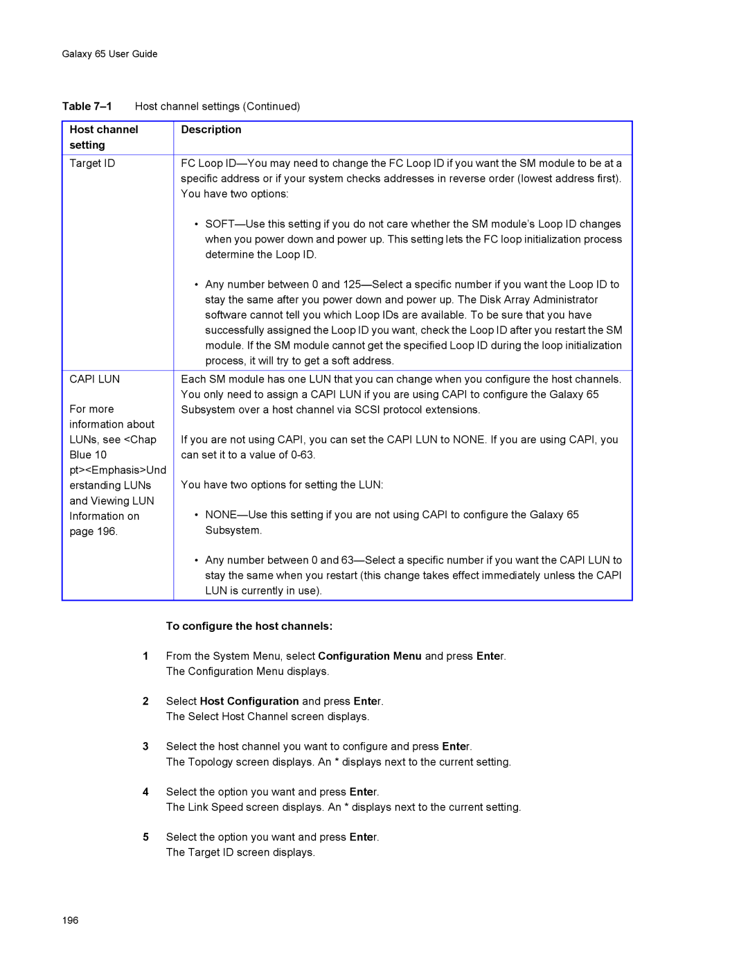 Galaxy Metal Gear 65 manual Target ID, To configure the host channels 