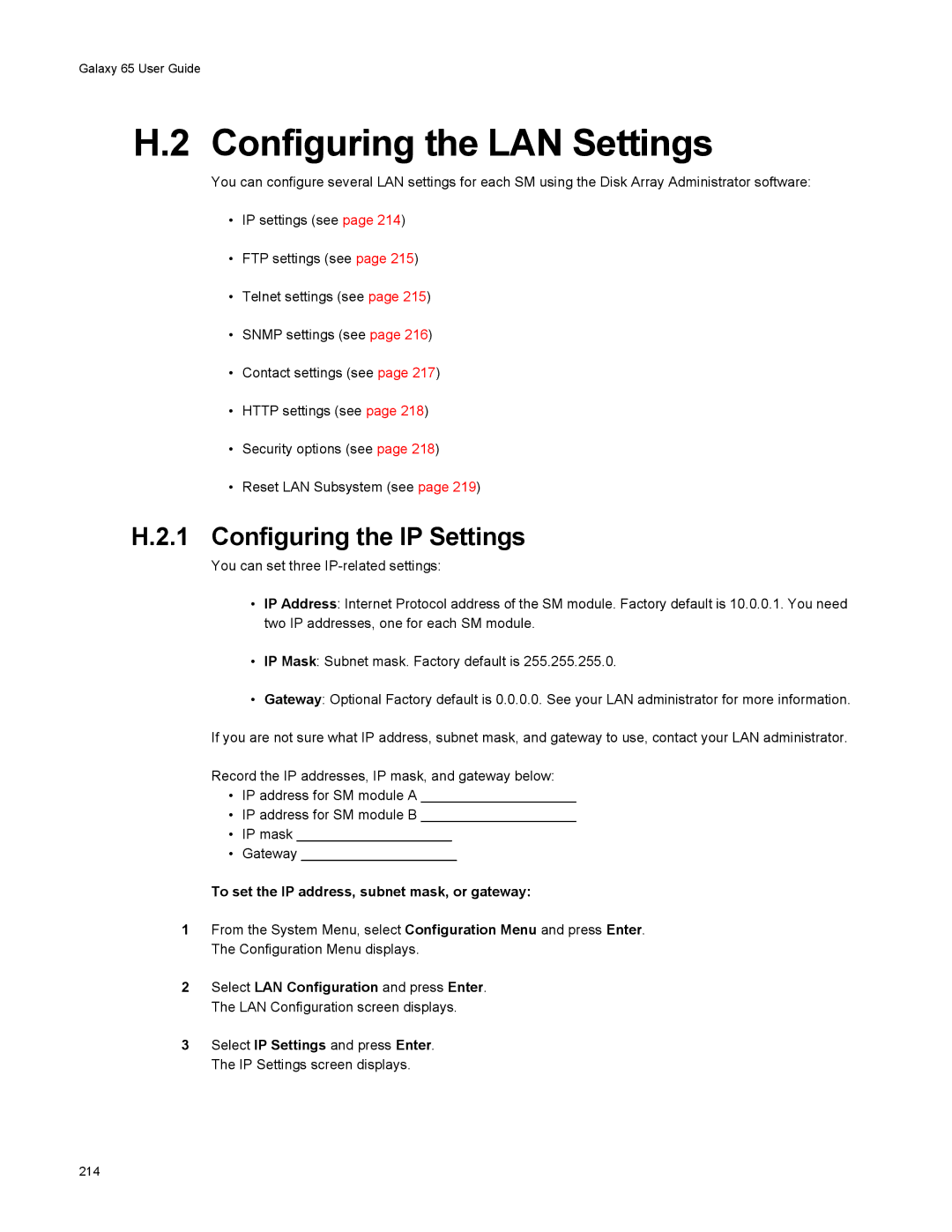 Galaxy Metal Gear 65 manual Configuring the LAN Settings, Configuring the IP Settings 