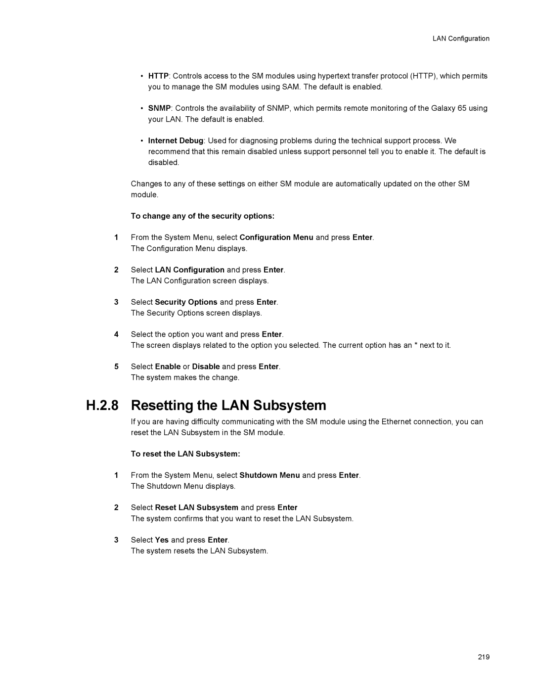 Galaxy Metal Gear 65 manual Resetting the LAN Subsystem, To change any of the security options, To reset the LAN Subsystem 