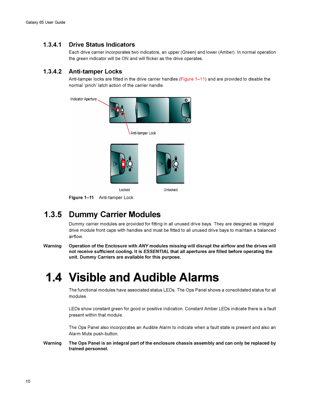 Galaxy Metal Gear 65 manual Visible and Audible Alarms, Dummy Carrier Modules, Drive Status Indicators, Anti-tamper Locks 