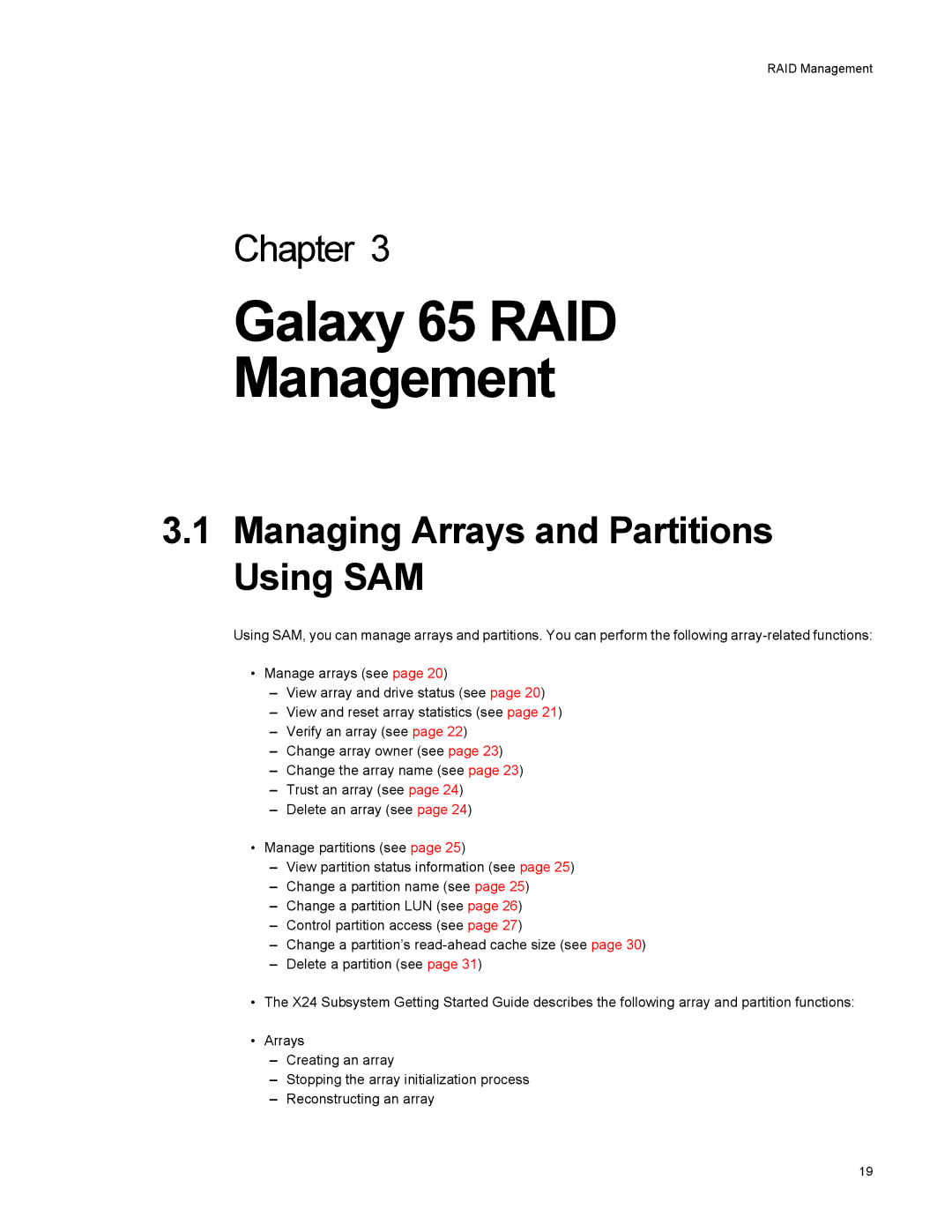 Galaxy Metal Gear manual Galaxy 65 RAID Management, Managing Arrays and Partitions Using SAM 