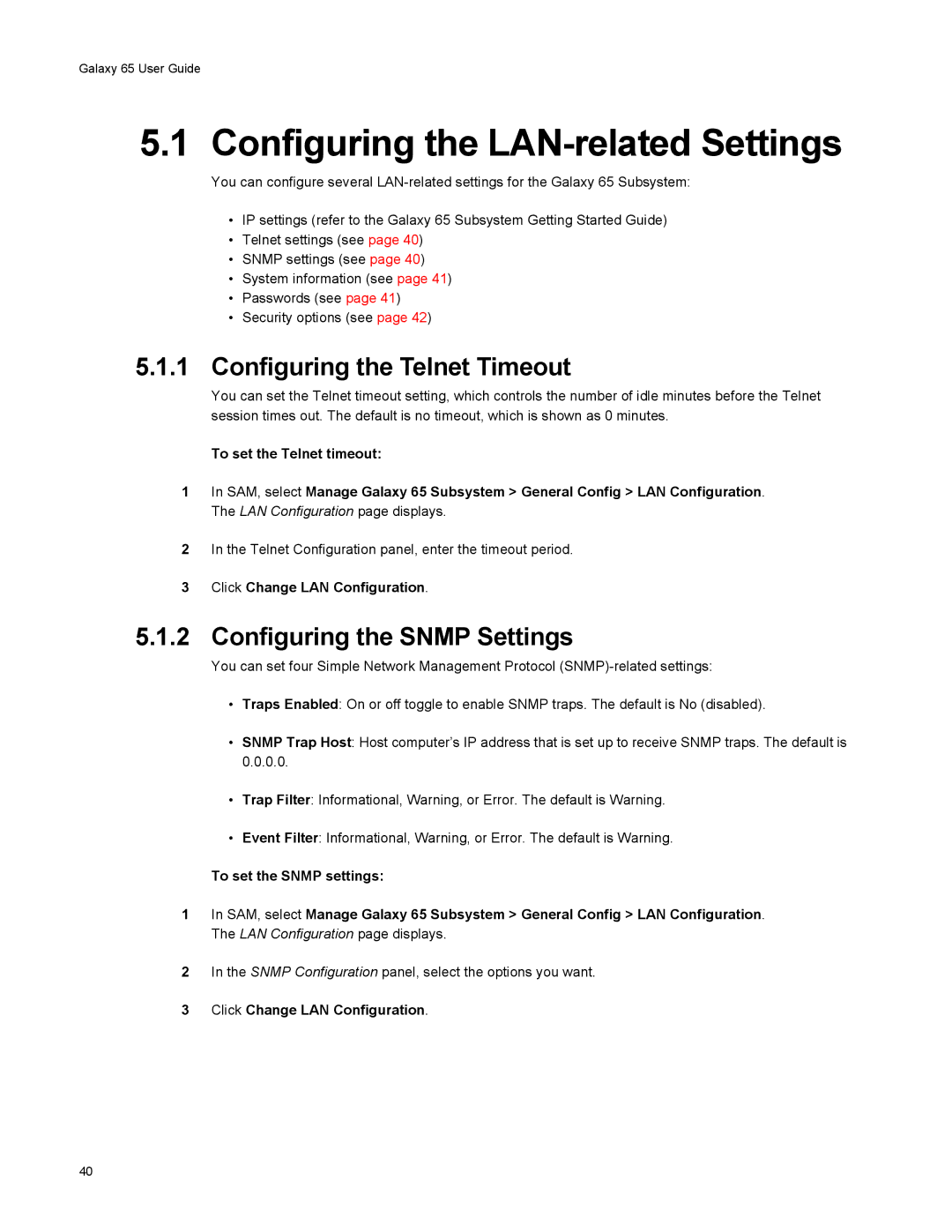 Galaxy Metal Gear 65 Configuring the LAN-related Settings, Configuring the Telnet Timeout, Configuring the Snmp Settings 