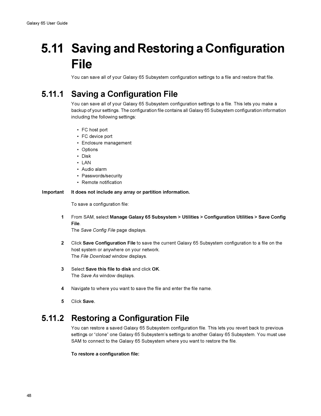 Galaxy Metal Gear 65 manual Saving and Restoring a Configuration File, Saving a Configuration File 