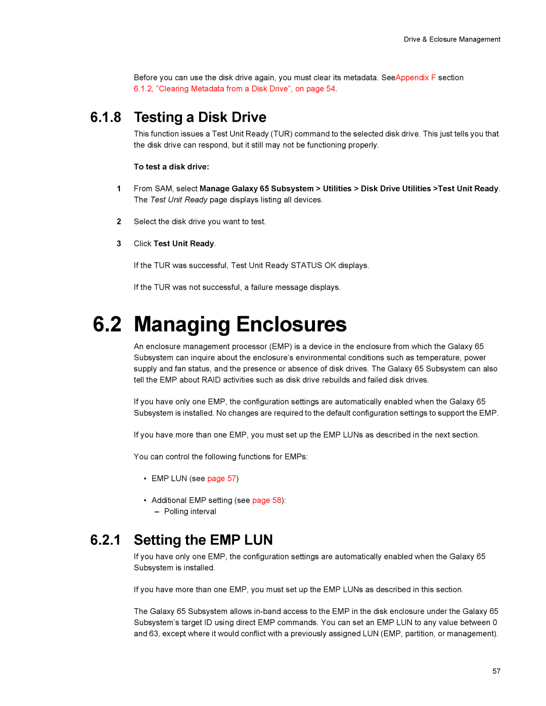 Galaxy Metal Gear 65 manual Managing Enclosures, Testing a Disk Drive, Setting the EMP LUN, Click Test Unit Ready 