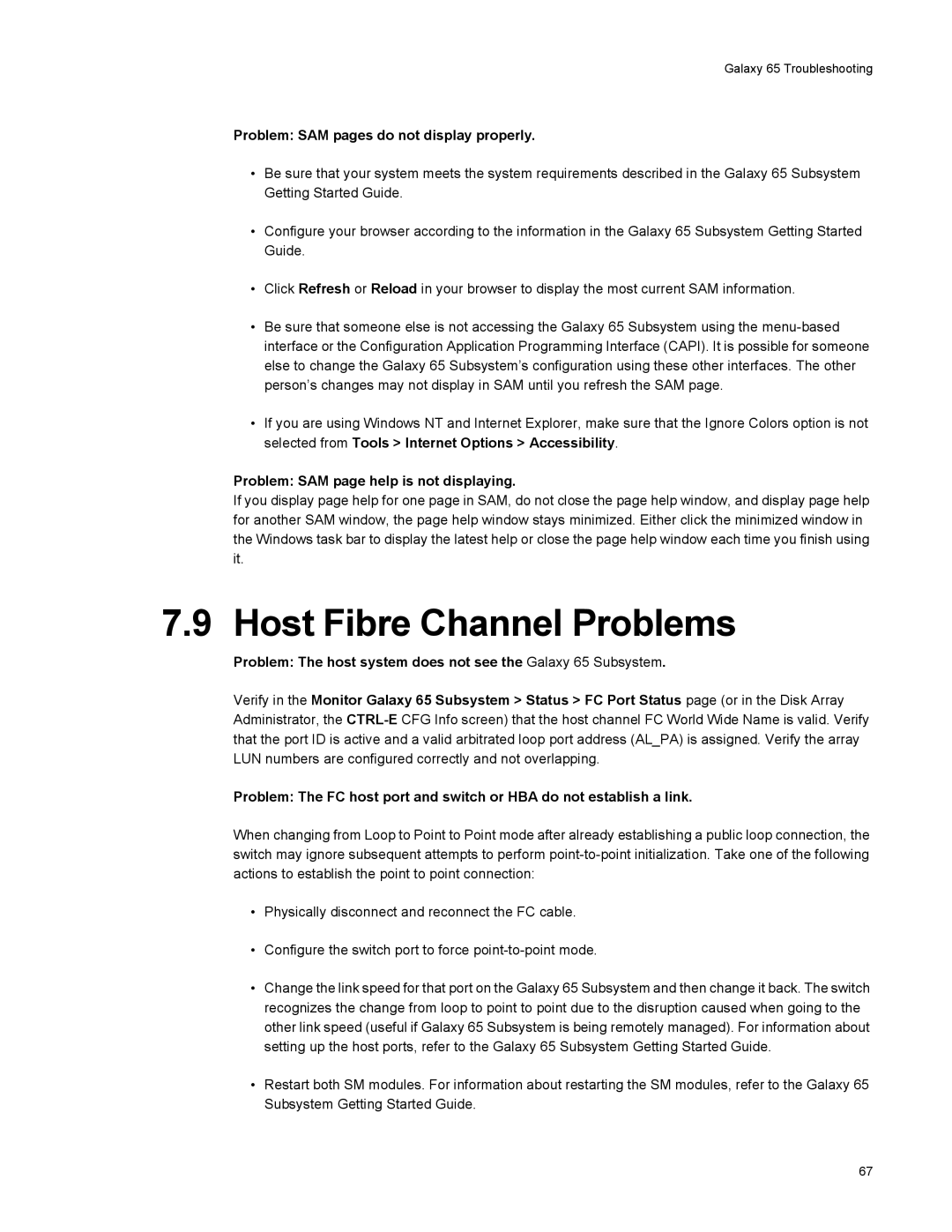 Galaxy Metal Gear 65 manual Host Fibre Channel Problems, Problem SAM pages do not display properly 