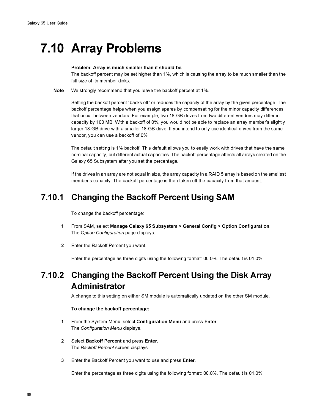 Galaxy Metal Gear 65 manual Array Problems, Changing the Backoff Percent Using SAM, To change the backoff percentage 