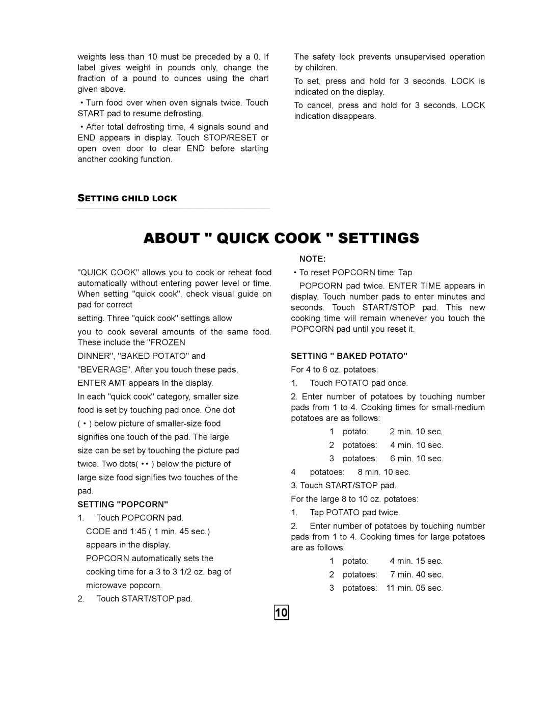 Galaxy Metal Gear 87040 user manual About Quick Cook Settings, Setting Popcorn, Setting Baked Potato 