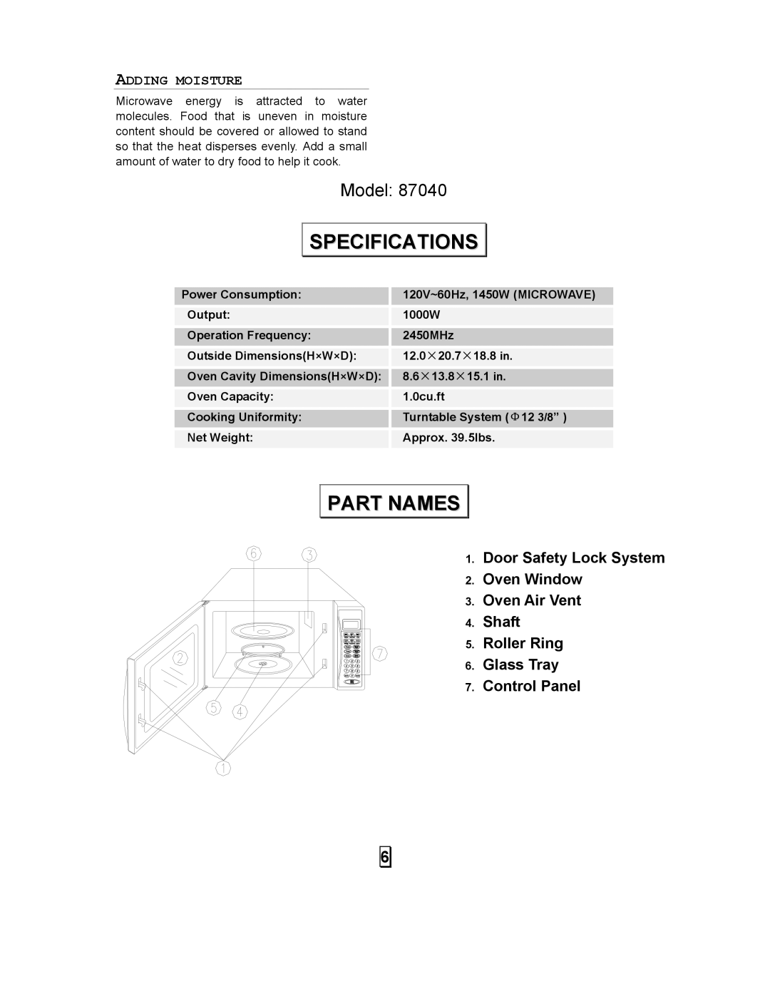 Galaxy Metal Gear 87040 user manual Specifications, Part Names 