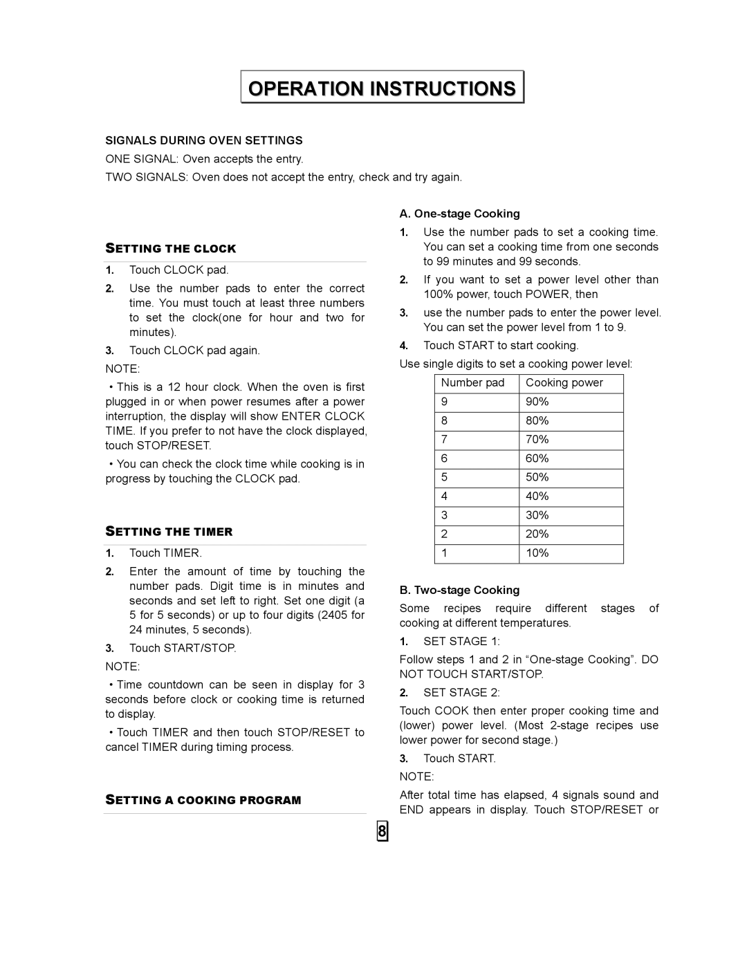 Galaxy Metal Gear 87040 user manual Operation Instructions, Signals During Oven Settings, SET Stage 