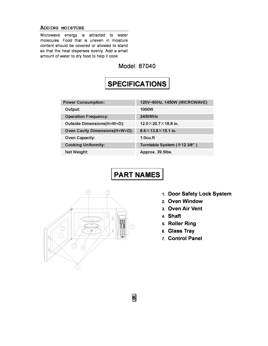 Galaxy Metal Gear 87040 Specifications, Part Names, Adding Moisture, Model, Shaft Roller Ring Glass Tray Control Panel 