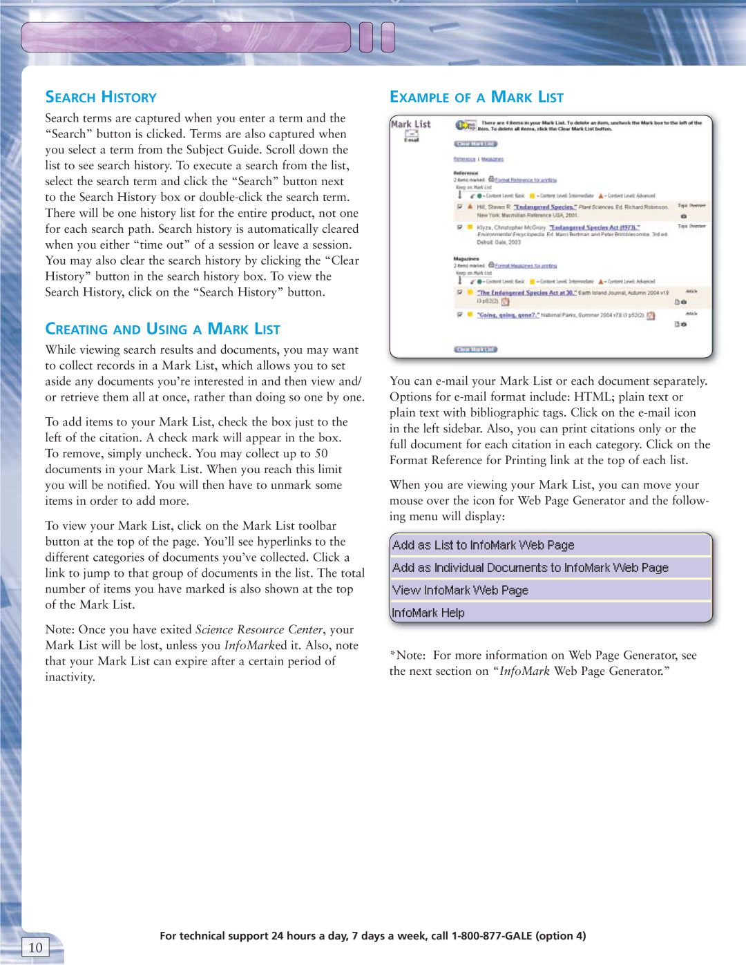 Gale 1-800-877-GALE manual Search History, Creating and Using a Mark List, Example of a Mark List 