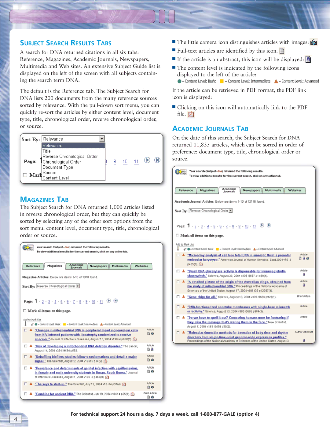 Gale 1-800-877-GALE manual Subject Search Results Tabs, Magazines TAB, Academic Journals TAB 