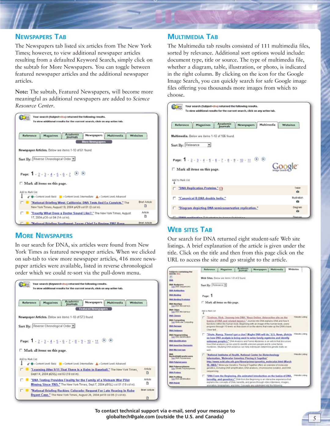 Gale 1-800-877-GALE manual Newspapers TAB, More Newspapers, Multimedia TAB, WEB Sites TAB 