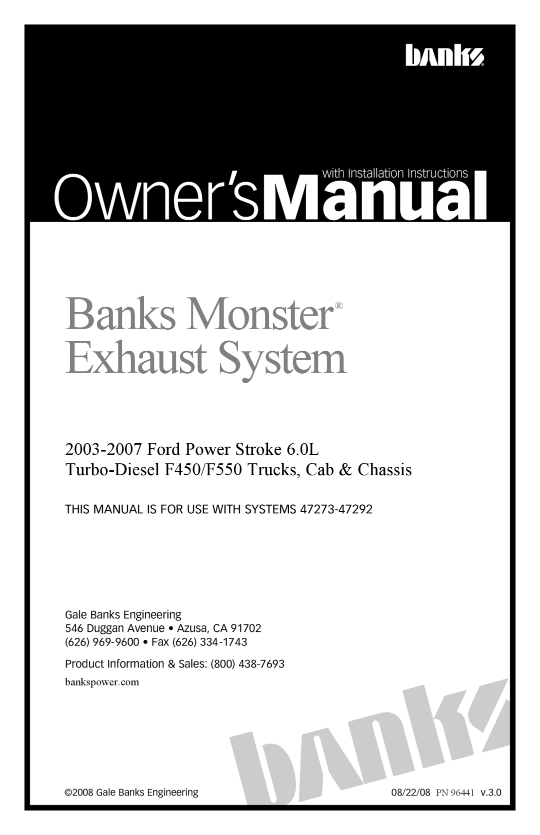 Gale F450 manual Banks Monster Exhaust System 