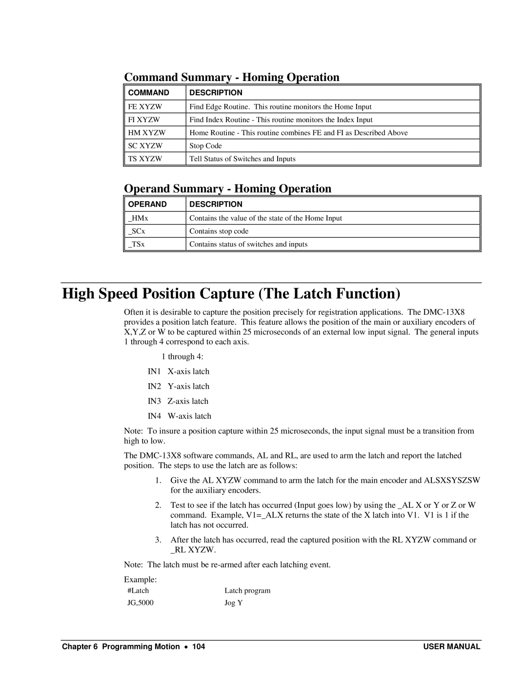 Galil DMC-13X8 user manual High Speed Position Capture The Latch Function, Command Summary Homing Operation 