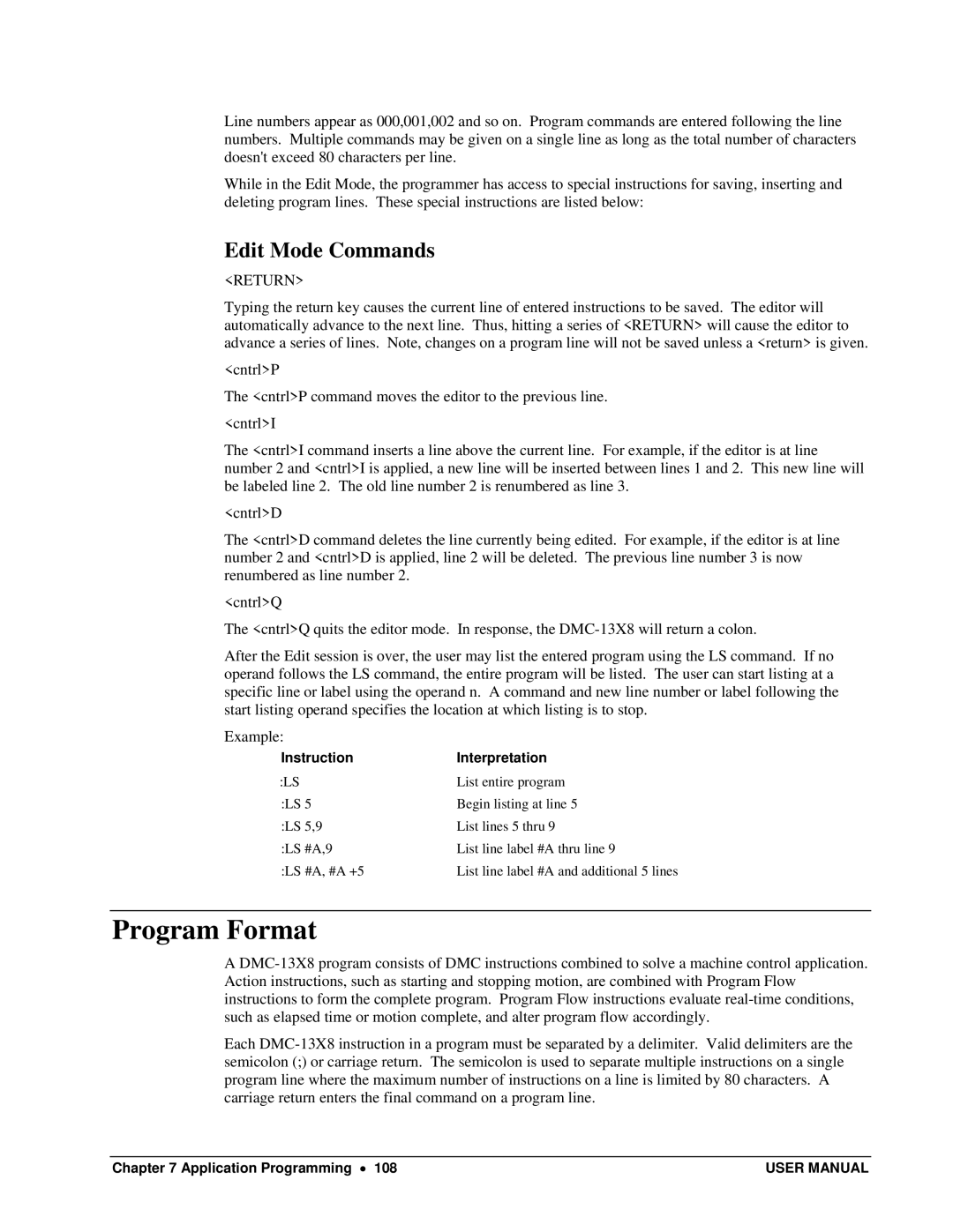 Galil DMC-13X8 user manual Program Format, Edit Mode Commands, Return 