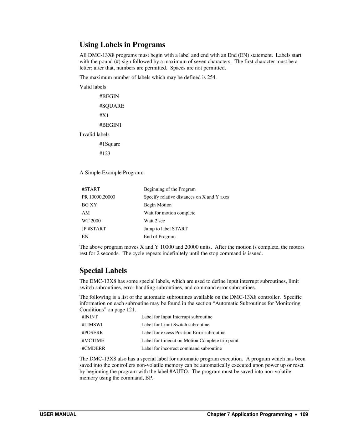 Galil DMC-13X8 user manual Using Labels in Programs, Special Labels, #Begin #Square, #BEGIN1 