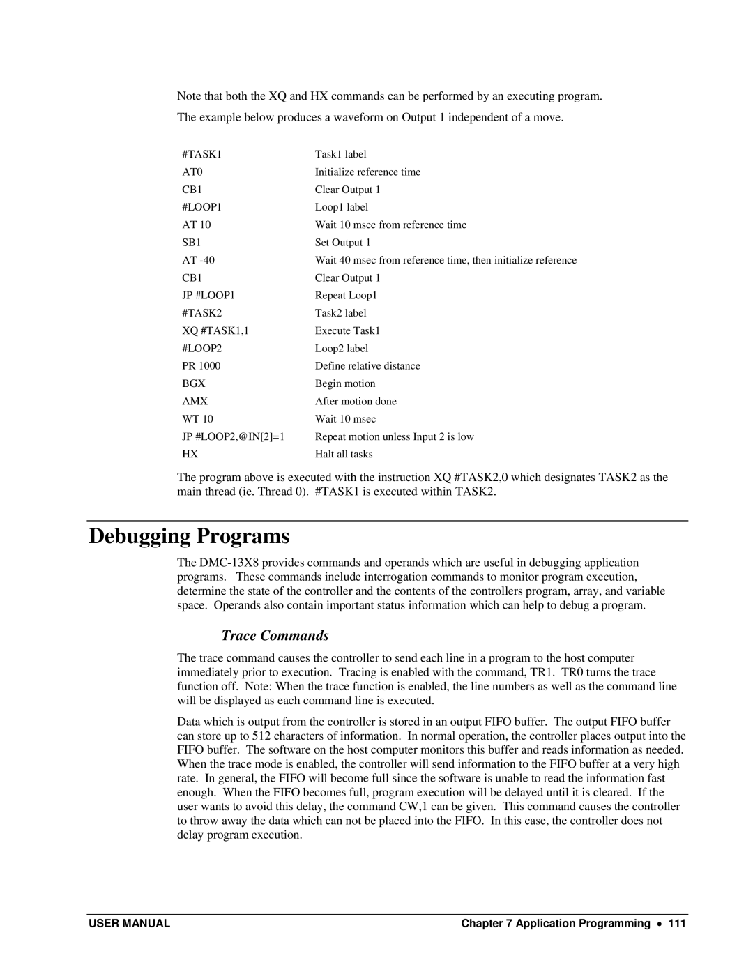 Galil DMC-13X8 user manual Debugging Programs, Trace Commands 