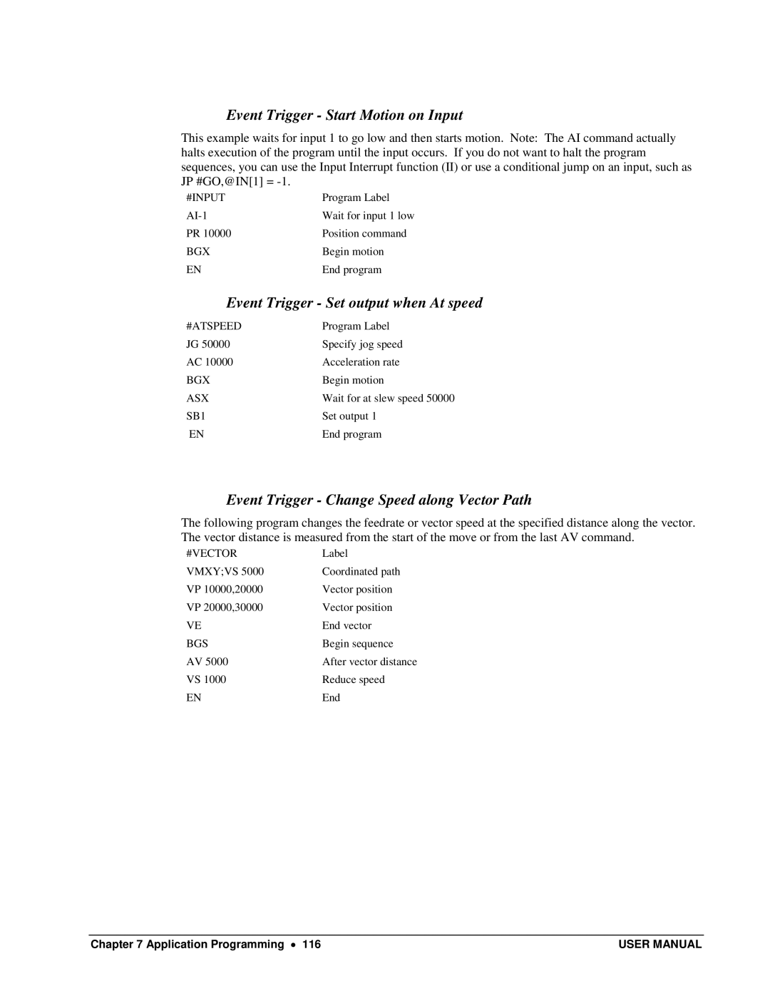 Galil DMC-13X8 user manual Event Trigger Start Motion on Input, Event Trigger Set output when At speed 