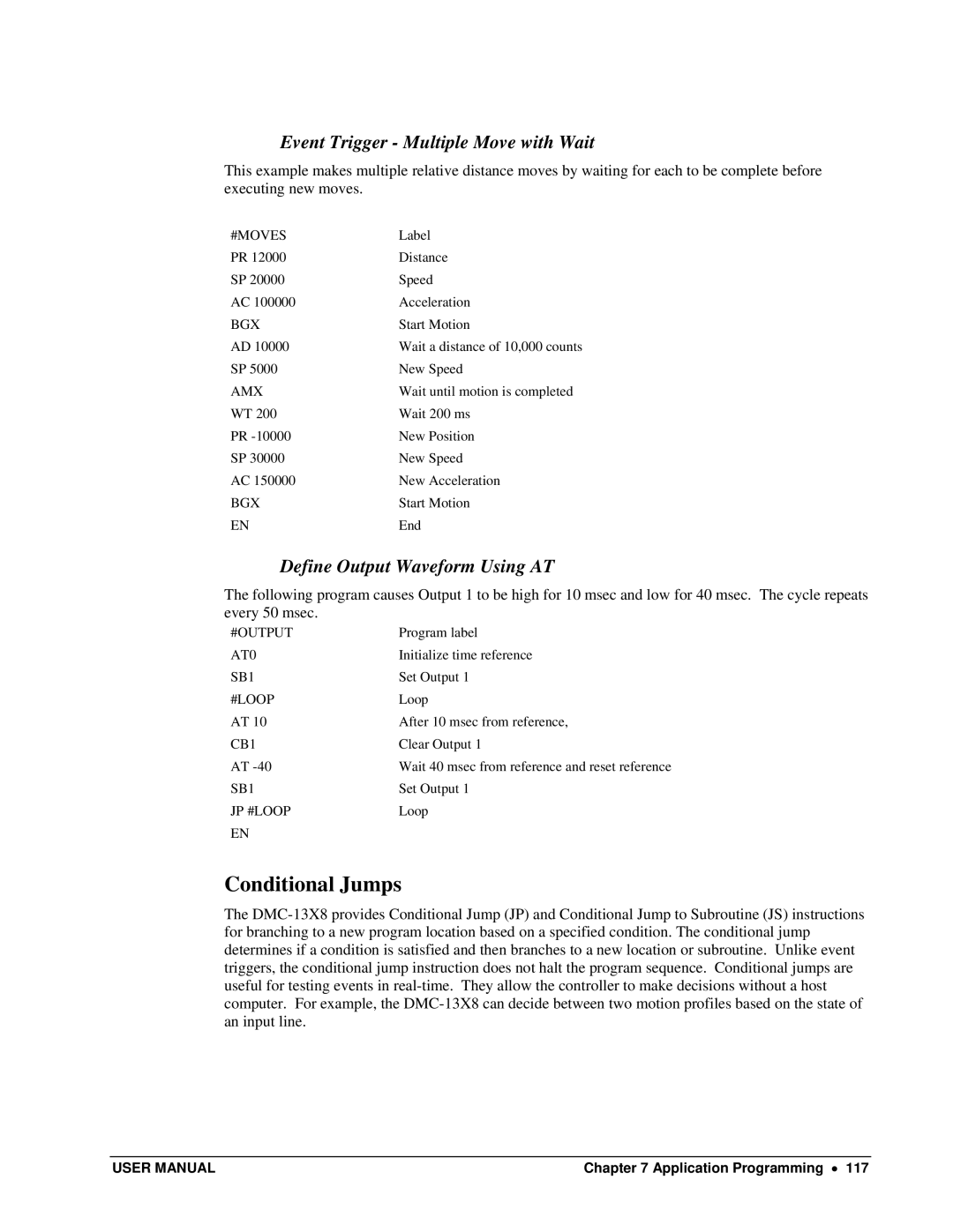 Galil DMC-13X8 user manual Conditional Jumps, Event Trigger Multiple Move with Wait, Define Output Waveform Using AT 