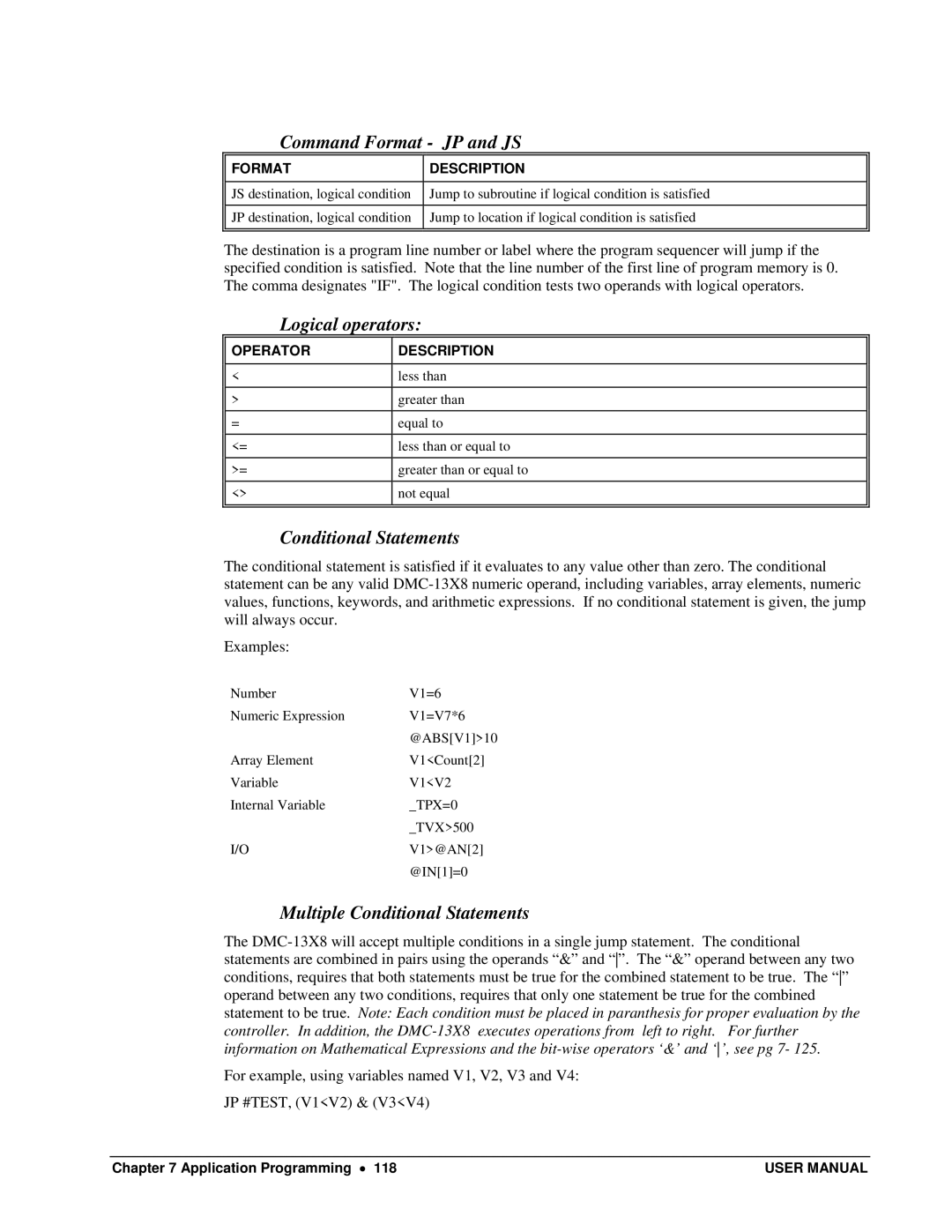 Galil DMC-13X8 user manual Command Format JP and JS, Logical operators, Multiple Conditional Statements 