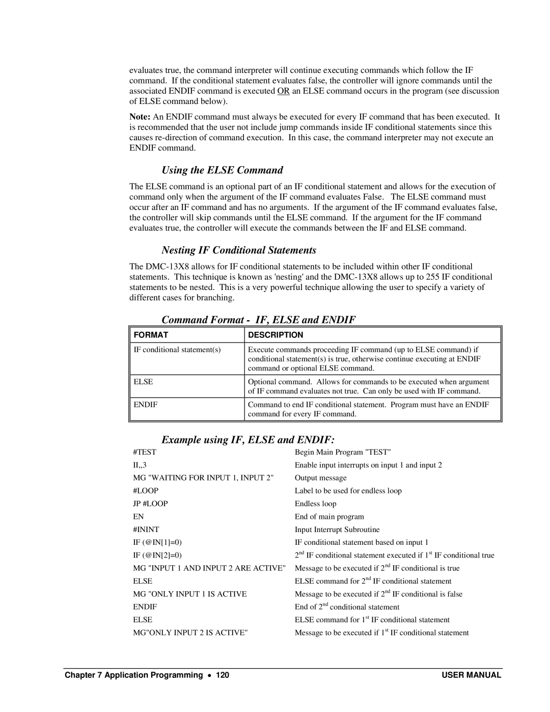 Galil DMC-13X8 user manual Using the Else Command, Nesting if Conditional Statements, Command Format IF, Else and Endif 