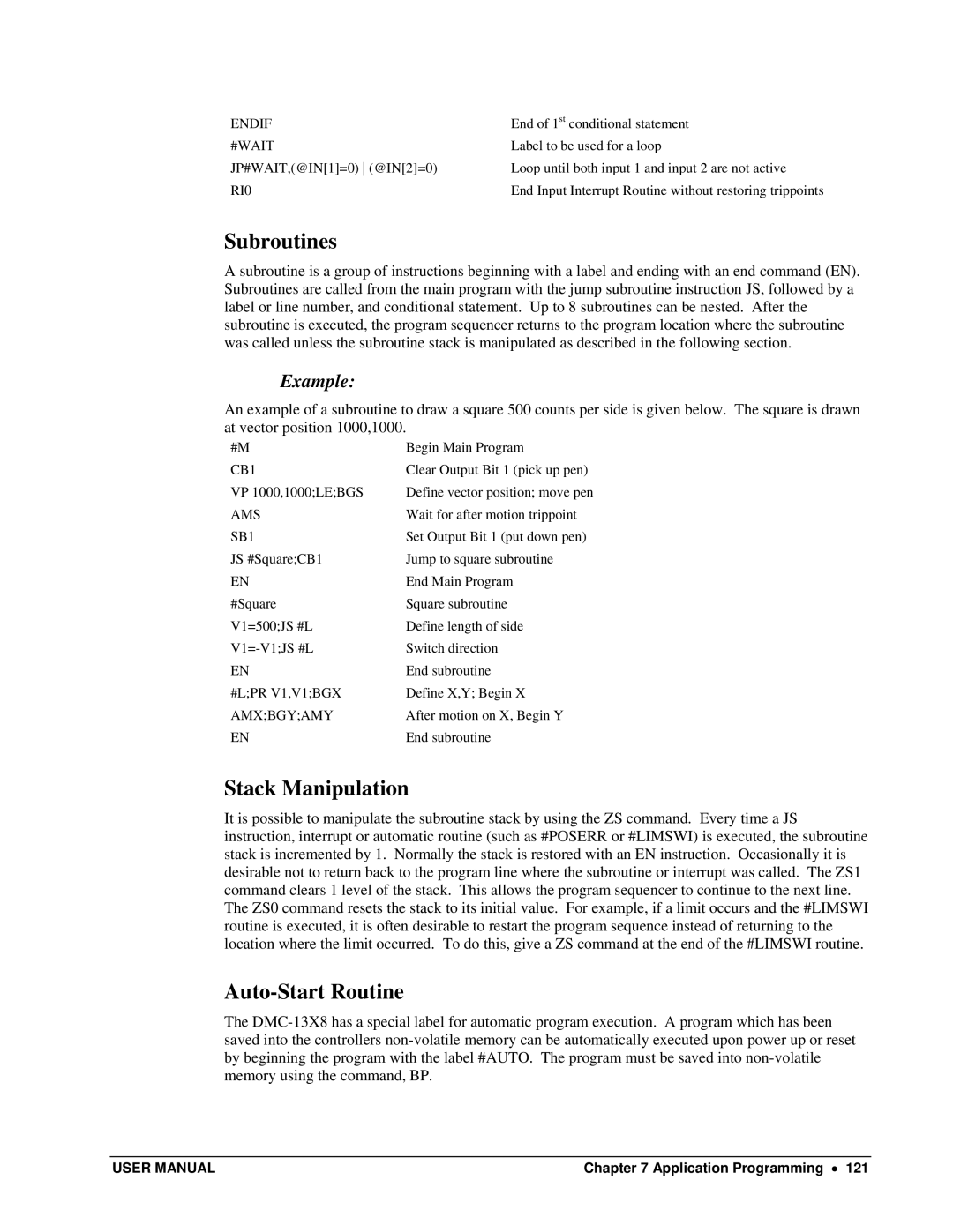 Galil DMC-13X8 user manual Subroutines, Stack Manipulation, Auto-Start Routine 