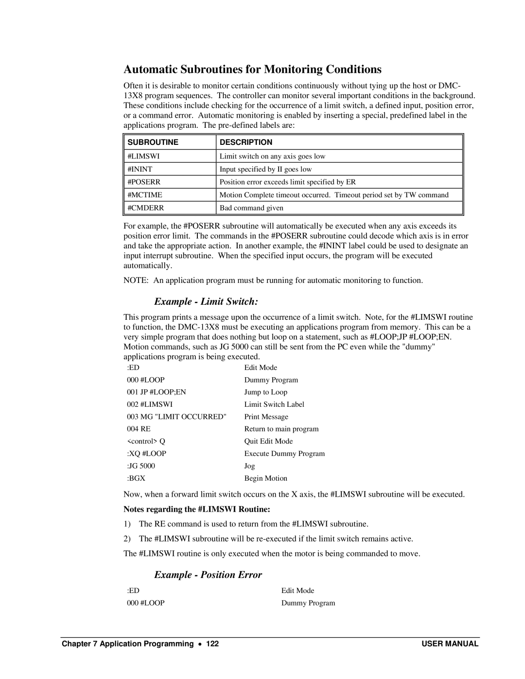 Galil DMC-13X8 user manual Automatic Subroutines for Monitoring Conditions, Example Limit Switch, Example Position Error 