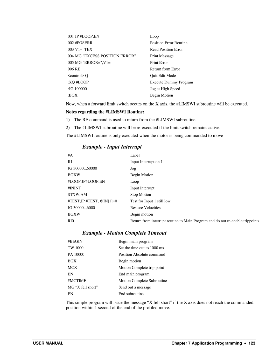 Galil DMC-13X8 user manual Example Input Interrupt, Example Motion Complete Timeout 