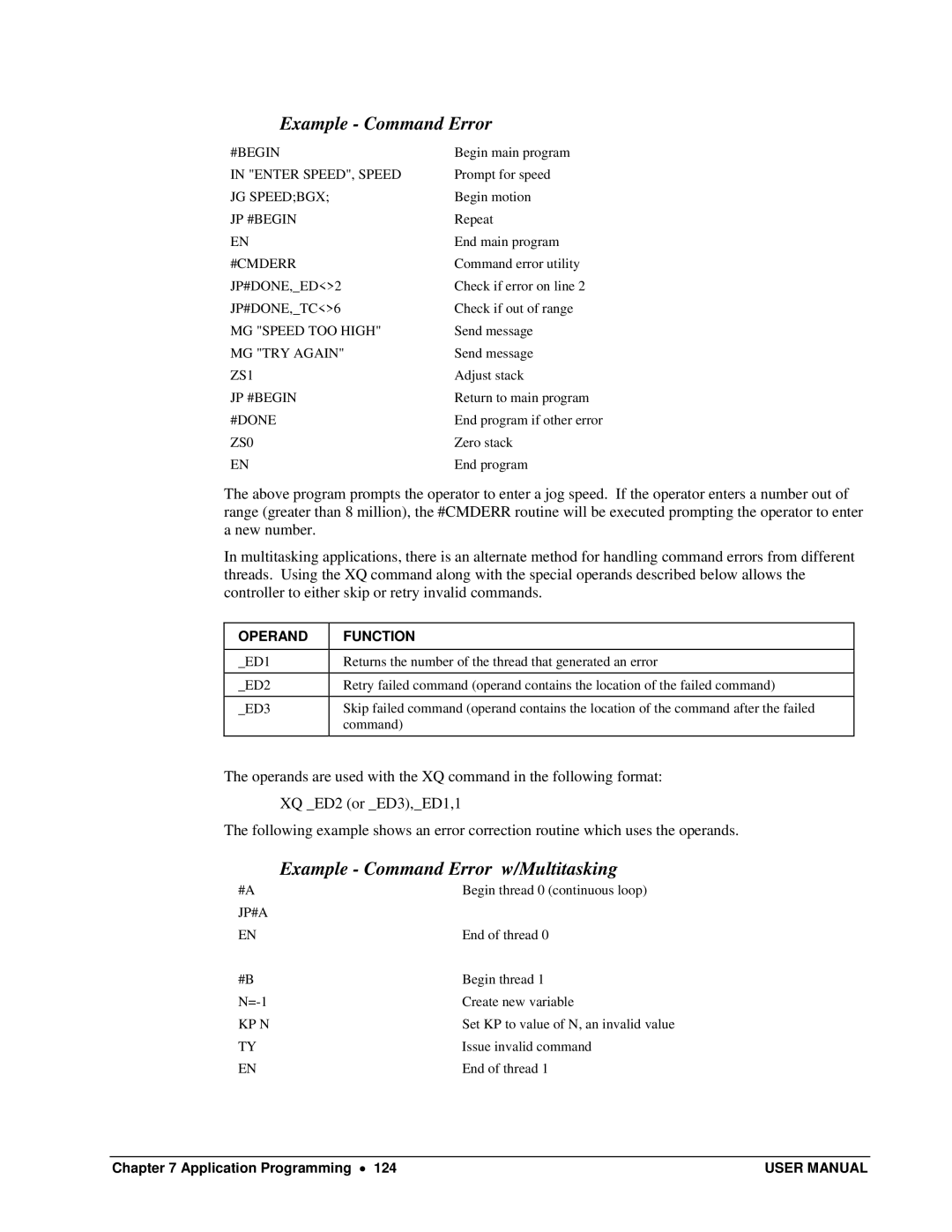 Galil DMC-13X8 user manual Example Command Error w/Multitasking, Operand Function 