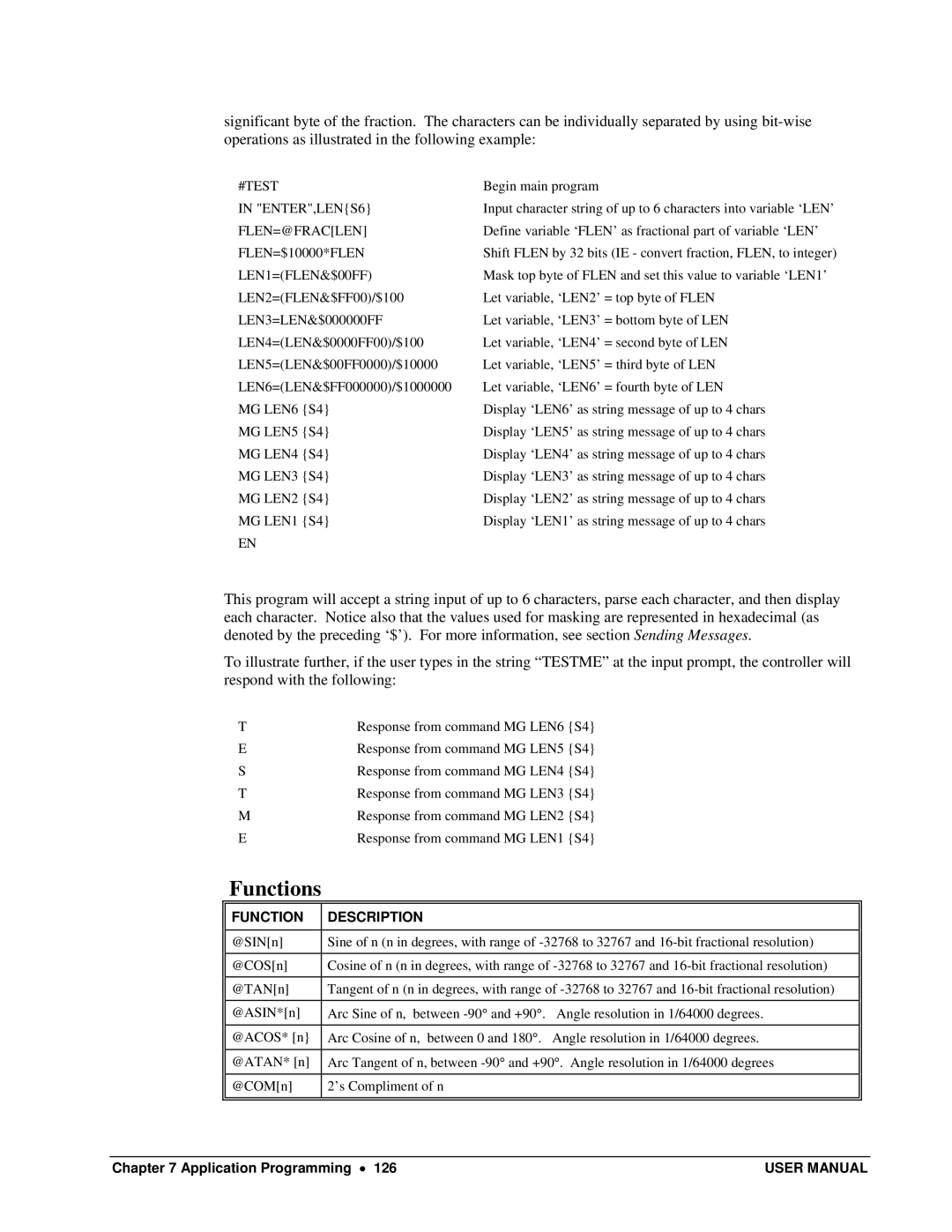 Galil DMC-13X8 user manual Functions, ENTER,LENS6, Flen=@Fraclen, LEN1=FLEN&$00FF, Function Description 