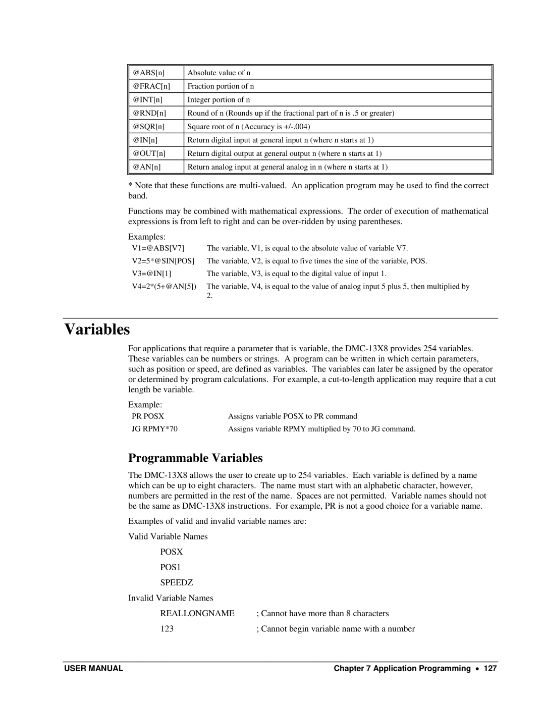 Galil DMC-13X8 user manual Programmable Variables, Posx POS1 Speedz, Reallongname 