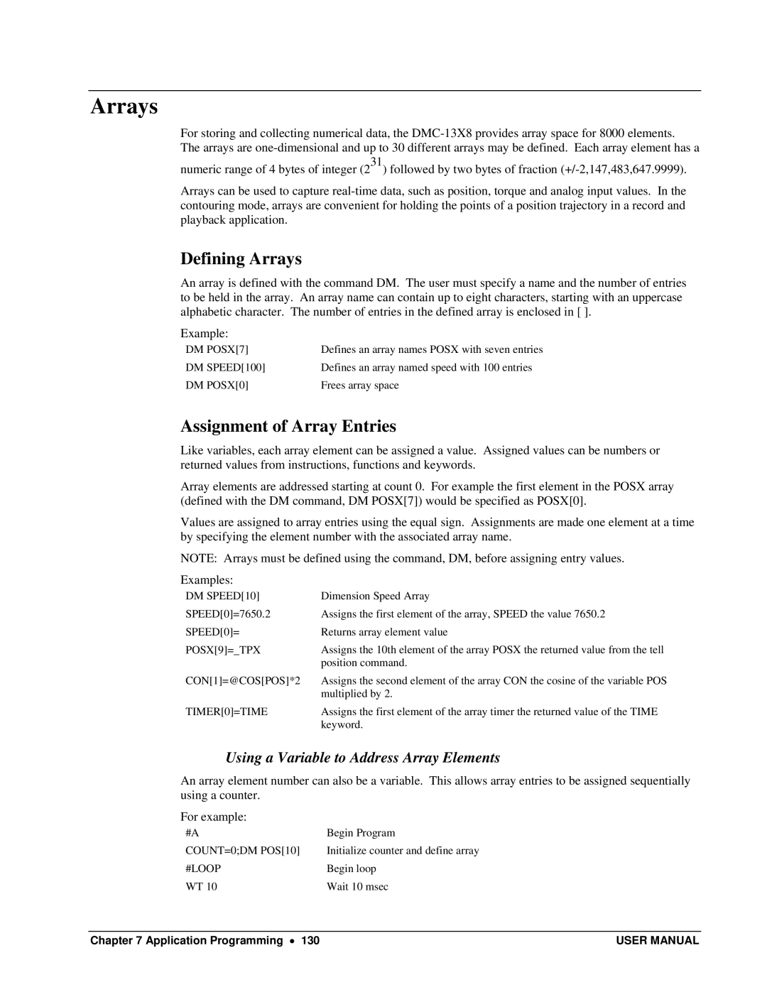 Galil DMC-13X8 user manual Defining Arrays, Assignment of Array Entries, Using a Variable to Address Array Elements 