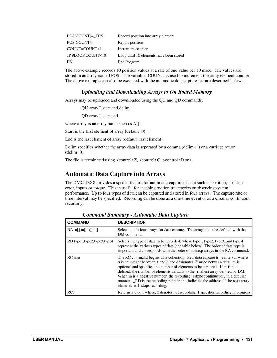 Galil DMC-13X8 user manual Automatic Data Capture into Arrays, Uploading and Downloading Arrays to On Board Memory 