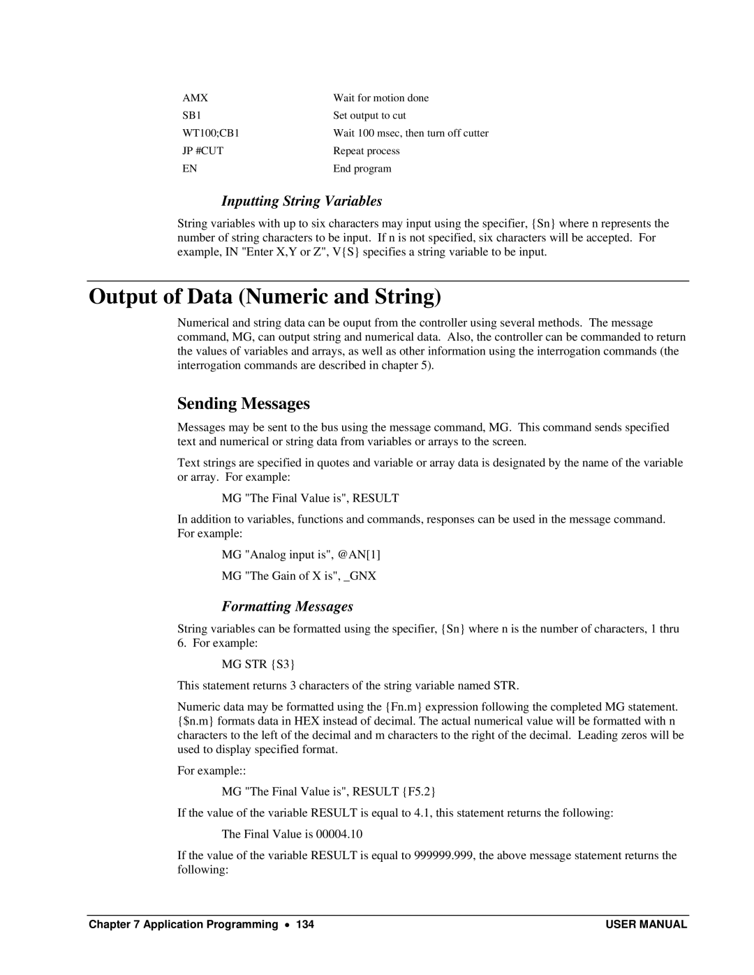 Galil DMC-13X8 Output of Data Numeric and String, Sending Messages, Inputting String Variables, Formatting Messages 