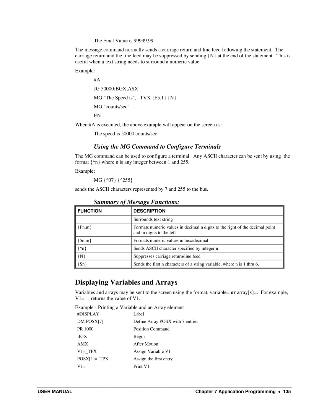 Galil DMC-13X8 Displaying Variables and Arrays, Using the MG Command to Configure Terminals, Summary of Message Functions 