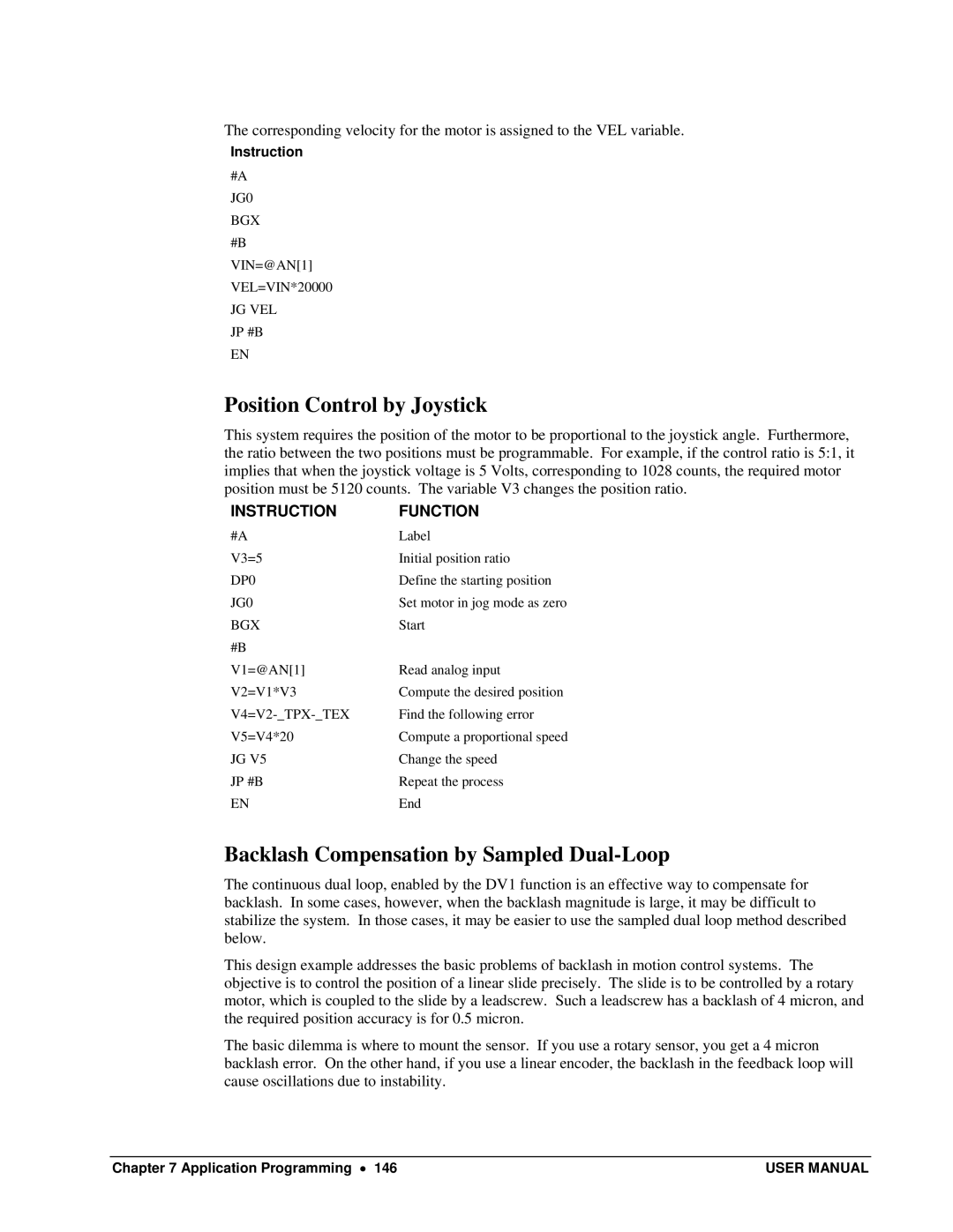 Galil DMC-13X8 user manual Position Control by Joystick, Backlash Compensation by Sampled Dual-Loop, Jg Vel Jp #B, DP0 