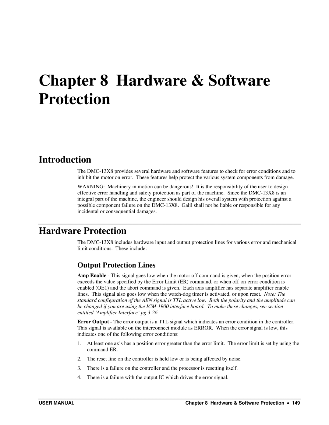 Galil DMC-13X8 user manual Hardware Protection, Output Protection Lines, Hardware & Software Protection 