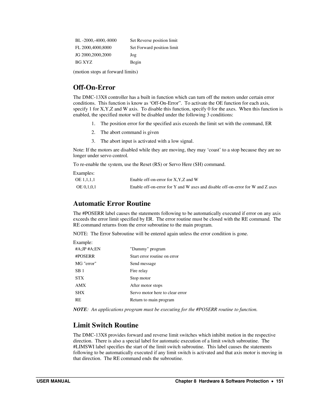 Galil DMC-13X8 user manual Off-On-Error, Automatic Error Routine, Limit Switch Routine, #Ajp #Aen, Shx 