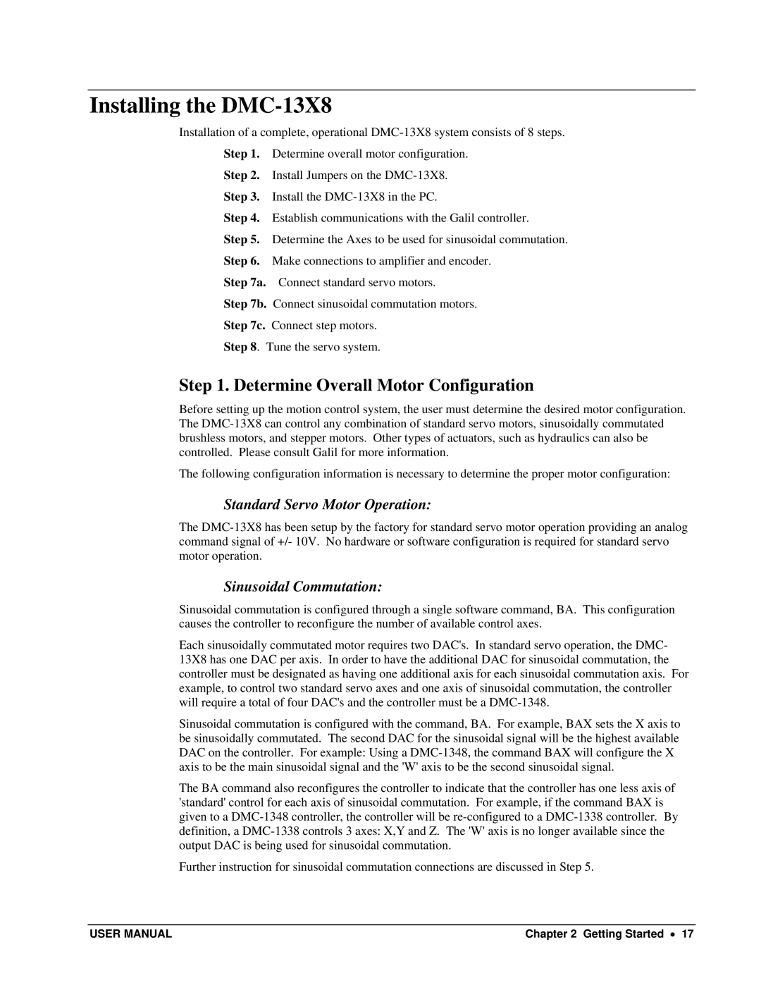 Galil user manual Installing the DMC-13X8, Determine Overall Motor Configuration, Standard Servo Motor Operation 