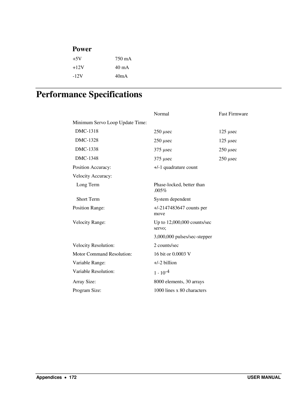 Galil DMC-13X8 user manual Performance Specifications, Power 