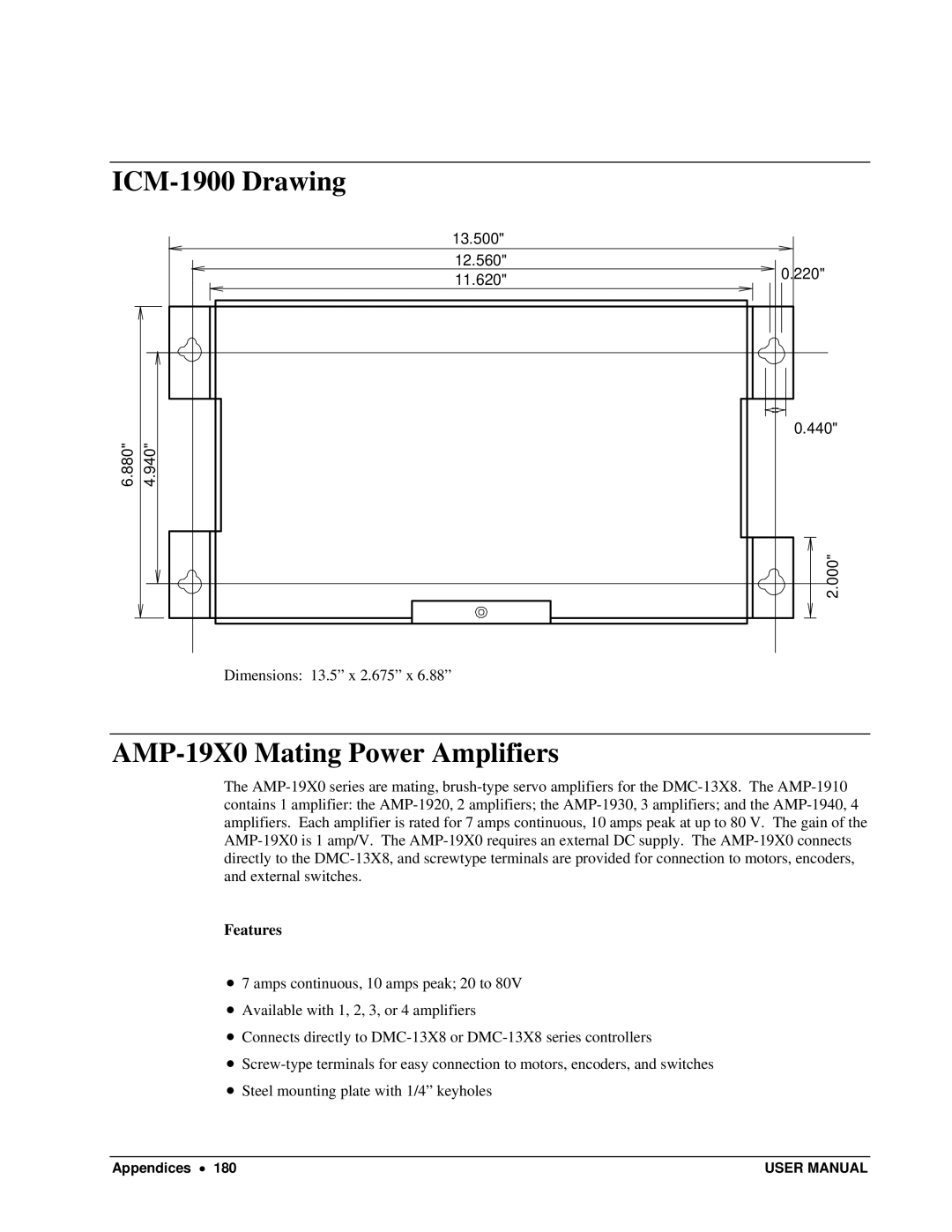 Galil DMC-13X8 user manual ICM-1900 Drawing, AMP-19X0 Mating Power Amplifiers 