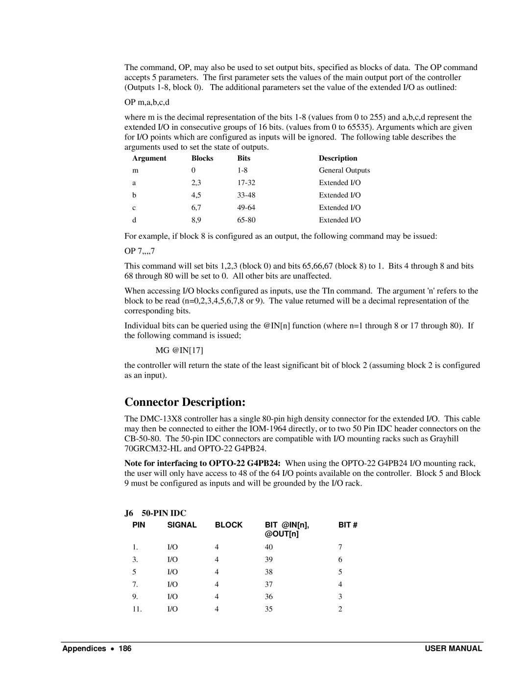 Galil DMC-13X8 user manual Connector Description, PIN Signal Block, BIT @INn, Bit #, @OUTn Appendices 