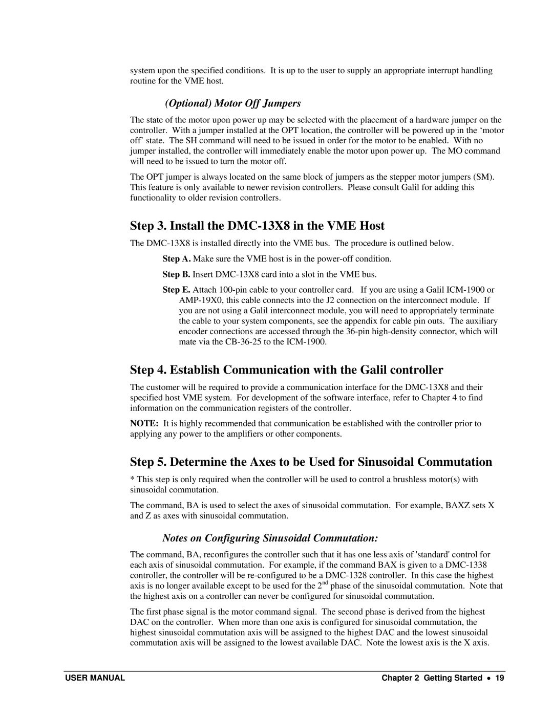 Galil user manual Install the DMC-13X8 in the VME Host, Establish Communication with the Galil controller 