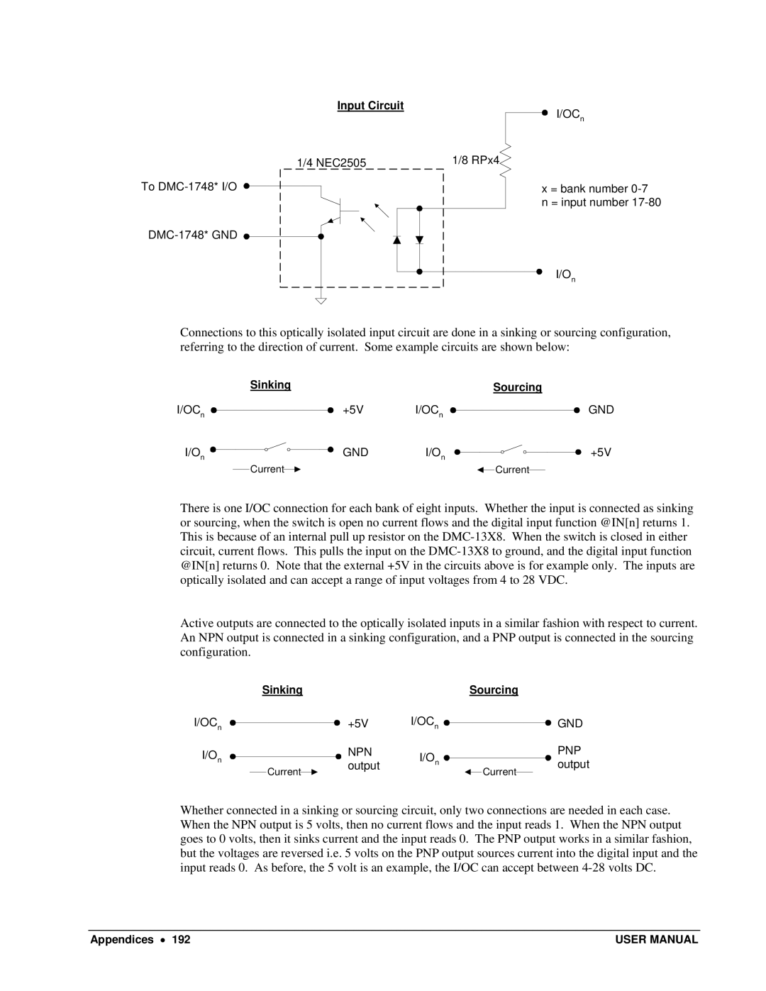 Galil DMC-13X8 user manual Input Circuit, Sinking Sourcing 