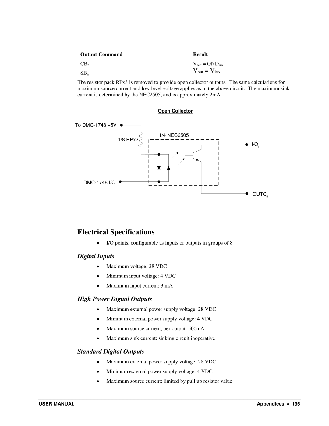 Galil DMC-13X8 user manual Electrical Specifications, Digital Inputs, High Power Digital Outputs, Standard Digital Outputs 