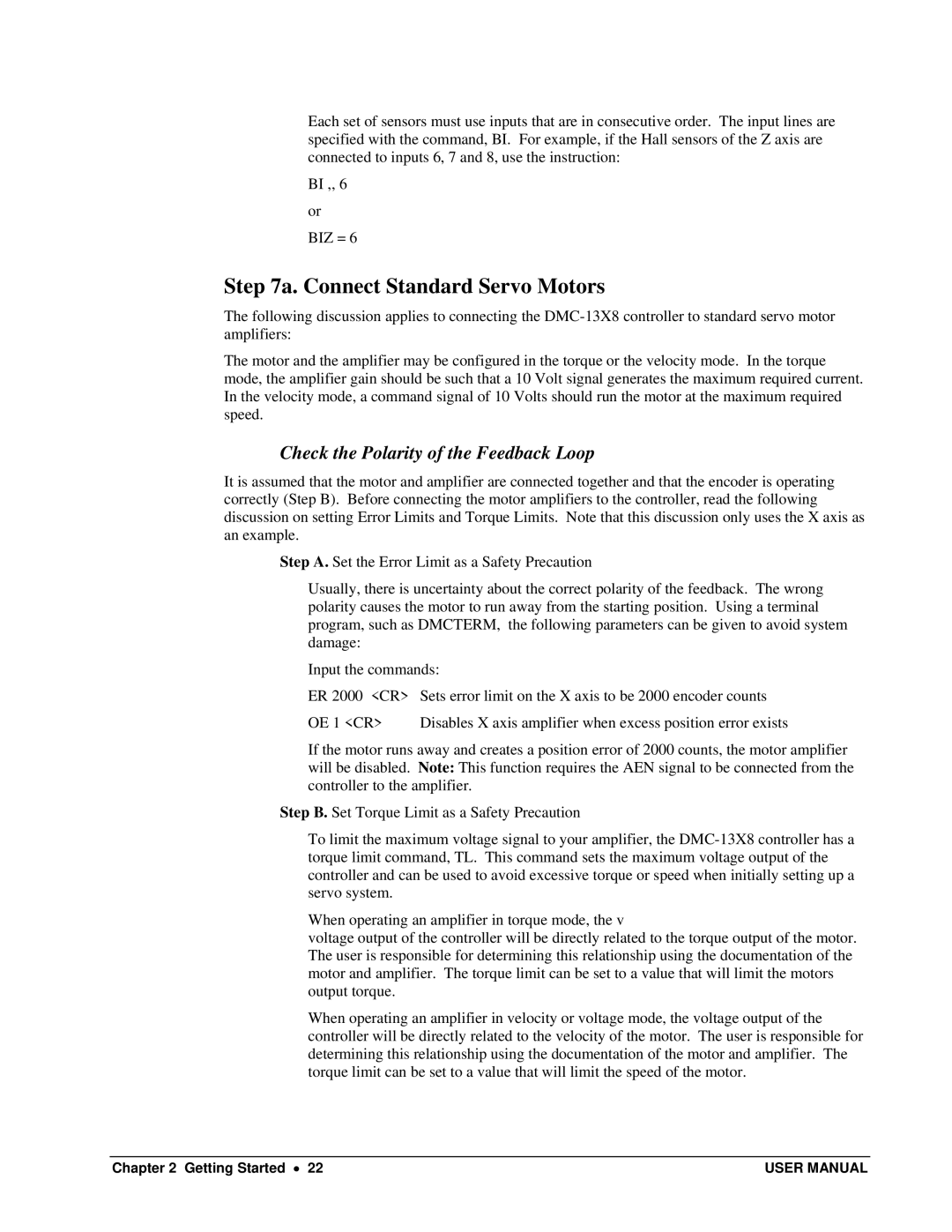 Galil DMC-13X8 user manual Connect Standard Servo Motors, Check the Polarity of the Feedback Loop 